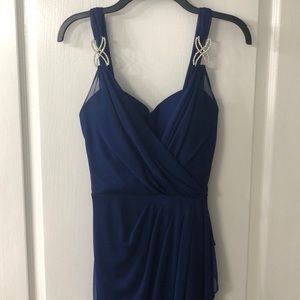 Betsy & Adam Blue Pleated & Rouched Formal Gown w/ Crystal Strap Details